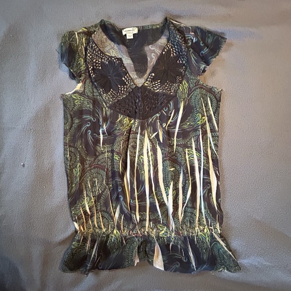 ONE WORLD Tops - One World Boho Shirt Top Hippie Lace Peacock Green Blouse Embellished Top Size S